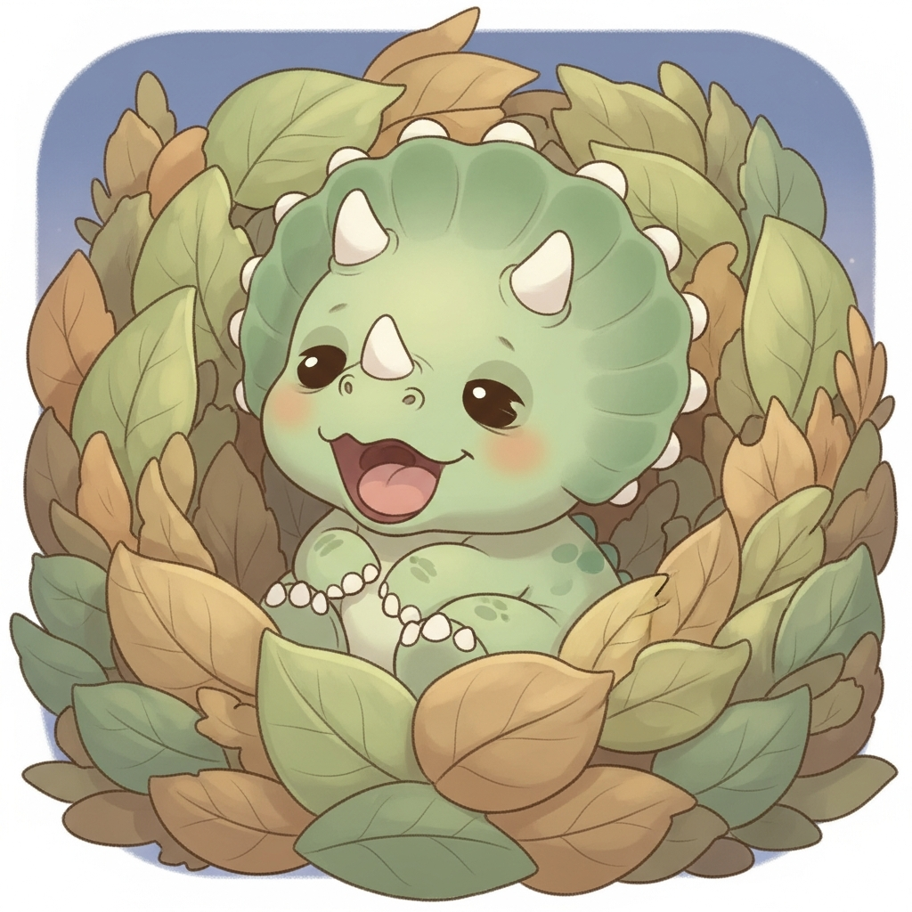 Little Dino, a baby green Triceratops with rounded horns and kind eyes, yawning in a cozy nest of soft leaves at dusk, warm pastel colors, toddler-safe, simple background