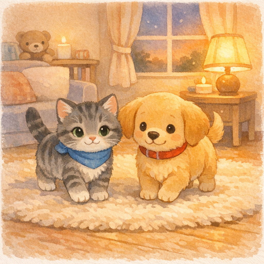 Cozy living room at dusk, Miko gray tabby kitten with blue scarf and Dottie golden puppy with red collar walking side by side on a soft rug, warm lamplight, calm bedtime mood