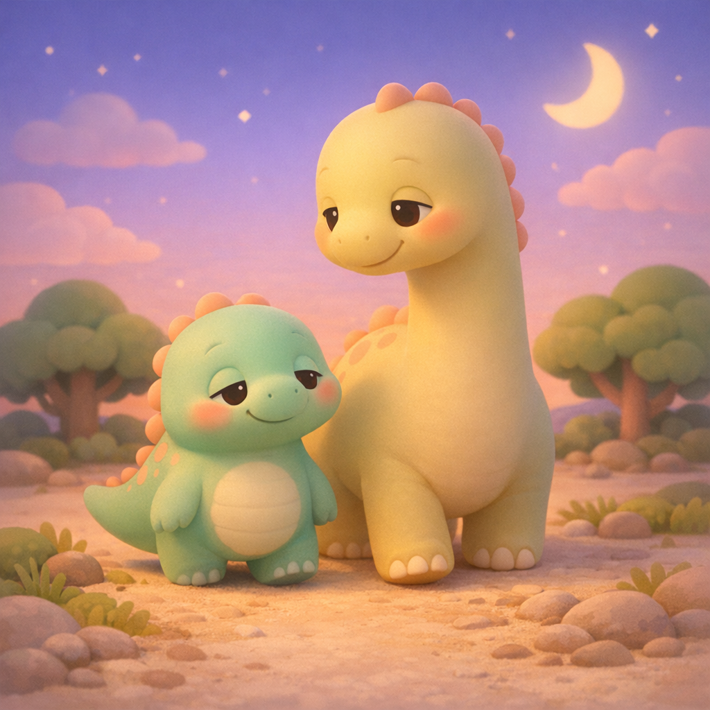 Nori and a taller long-neck dinosaur strolling along a sandy path, small trees in the background, their heads turned slightly toward each other, warm twilight glow, balanced composition with both characters centered