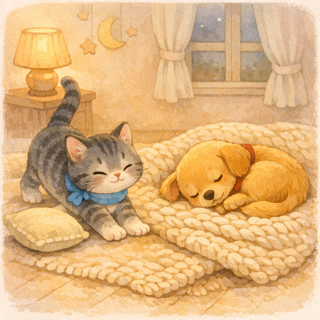 Milo stretching near a small pillow and Daisy curling on a knit blanket, soft shadows, quiet bedtime scene