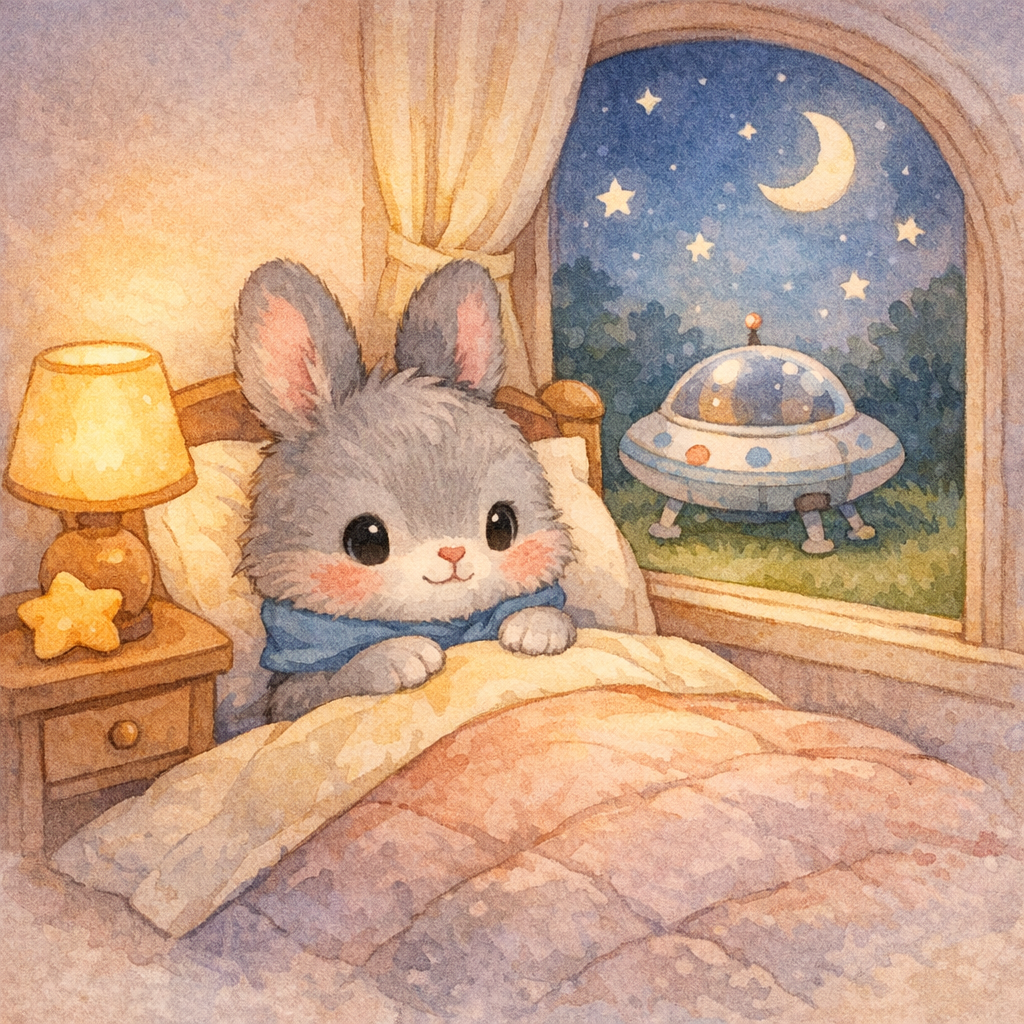 Bunny in a cozy bed by a window with stars outside, the small round spaceship resting in the yard, soft lamplight, calm pastel watercolor bedtime scene.