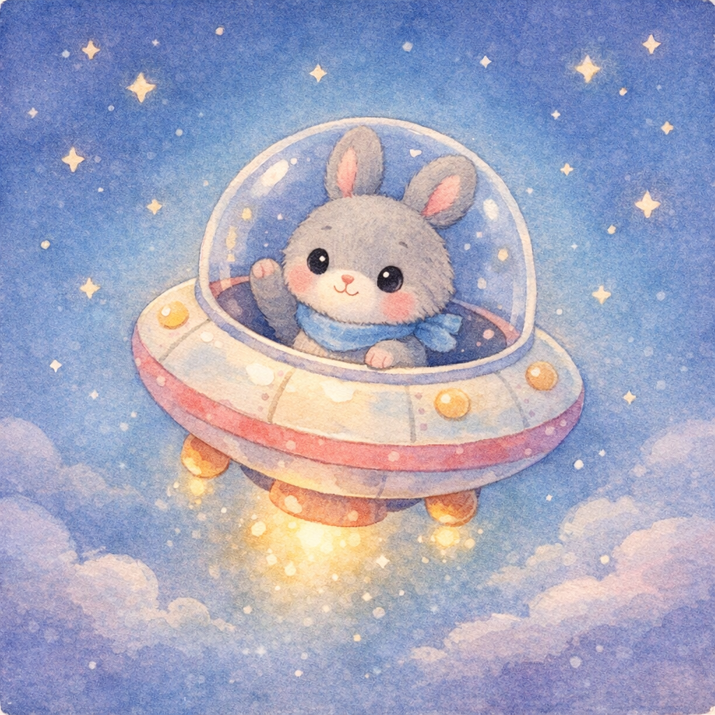 The bunny’s round spaceship floating upward into a calm, dark-blue sky with small twinkling stars like night lights, soft glow around the ship, pastel watercolor.