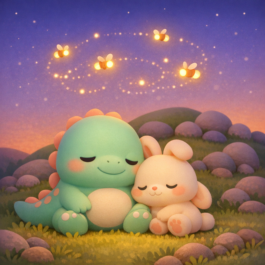 Nori and Lulu near a gentle hill dotted with round rocks, a few glowing bugs floating in a loose swirl above them, soft darkening sky, characters sitting close together in the lower foreground