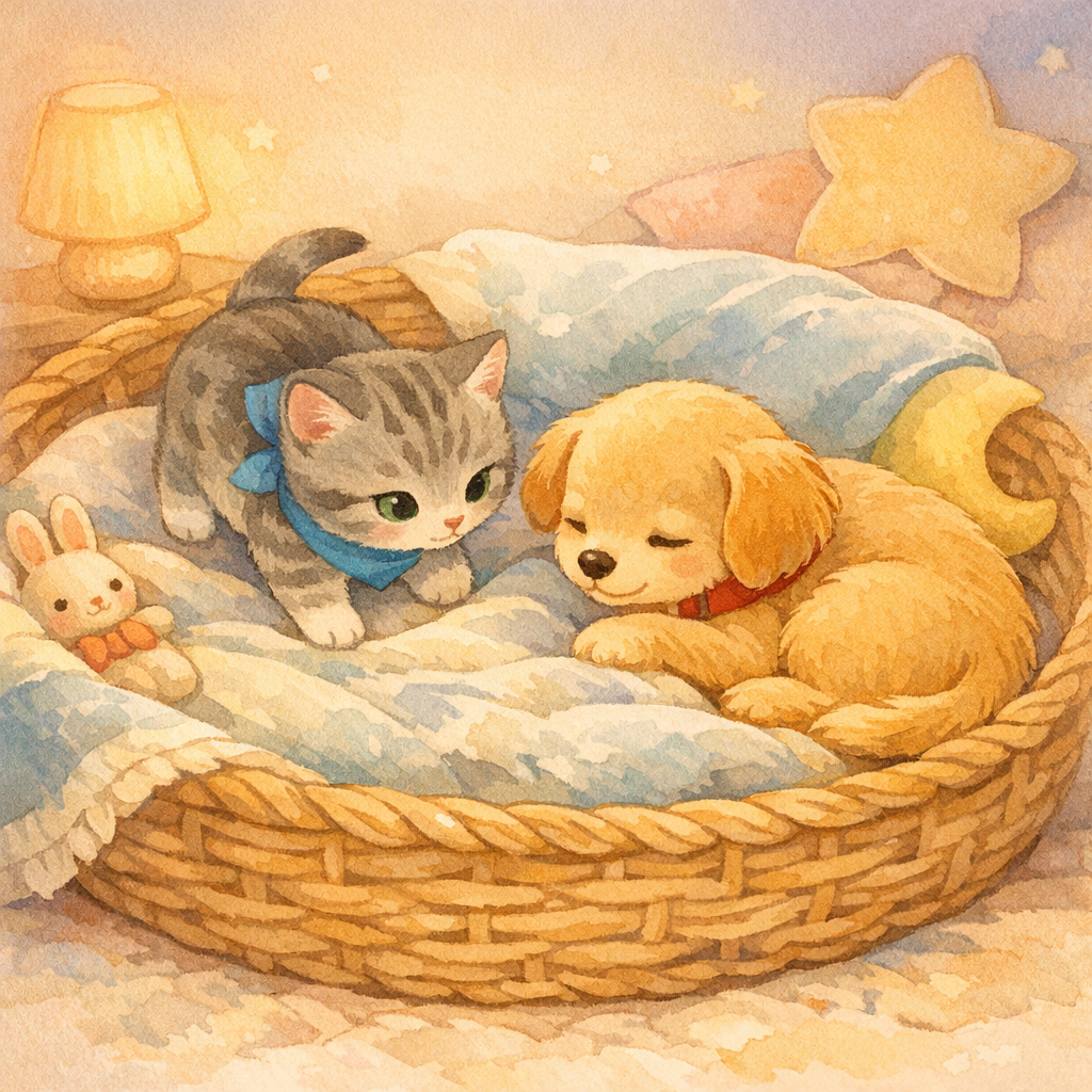 Miko carrying a tiny toy mouse and Dottie holding a plush bone, placing them by a basket on a soft rug, warm pastel colors and soft textures