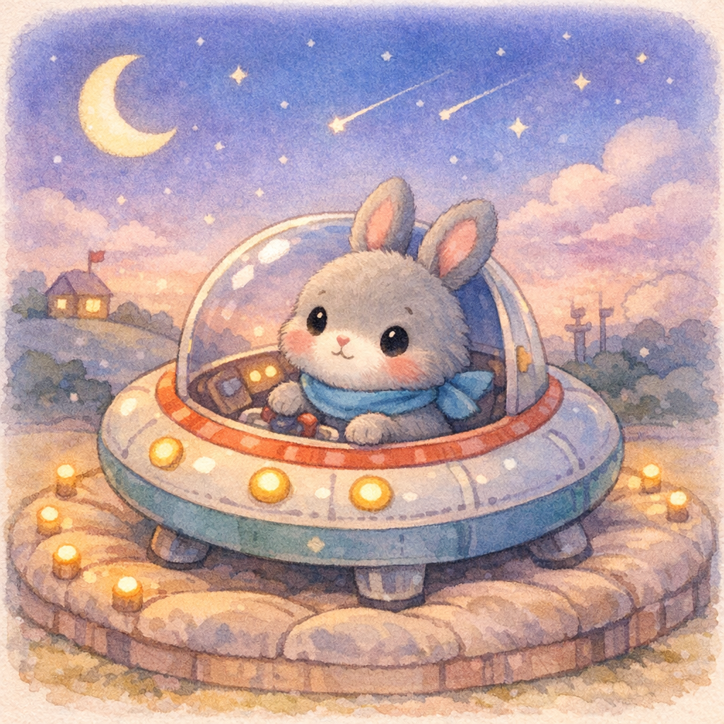 A small gray bunny with a blue scarf sitting in a round, cozy toy-like spaceship on a soft launch pad under a twilight sky, warm lights glowing, pastel watercolor style.