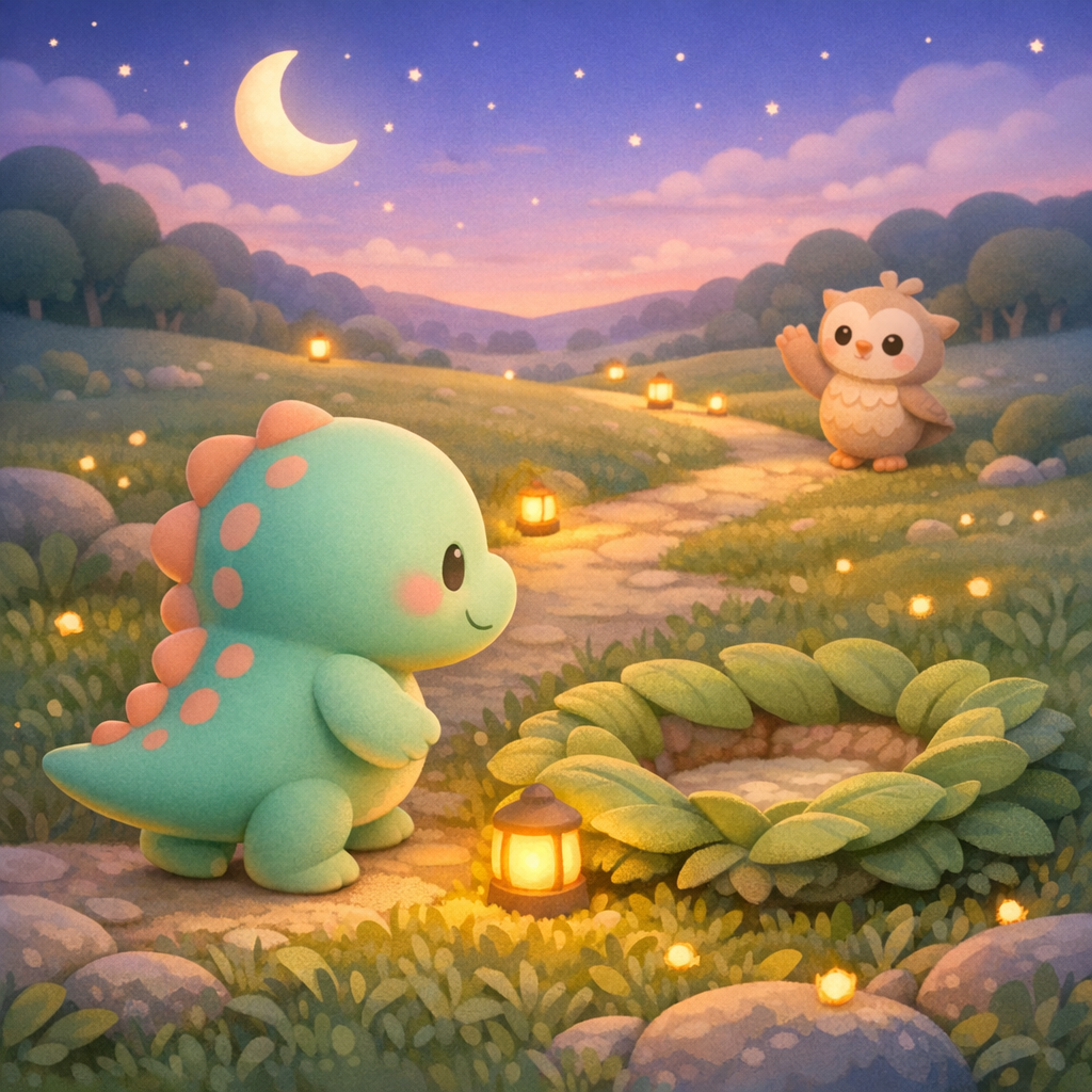 Nori walking toward a small nest made of soft leaves in the grass, Lulu in the distance waving with a gentle posture, crescent moon above, lantern-like moonlight guiding the path, quiet wide composition