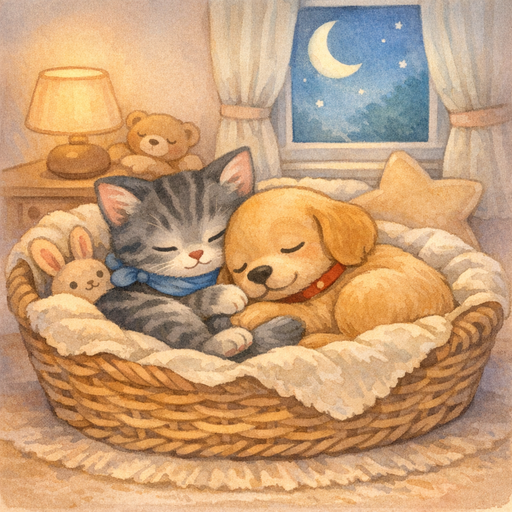 Final peaceful bedtime scene, Milo and Daisy asleep together in a cozy basket with soft blankets, warm lamplight and gentle moonlight, warm pastels