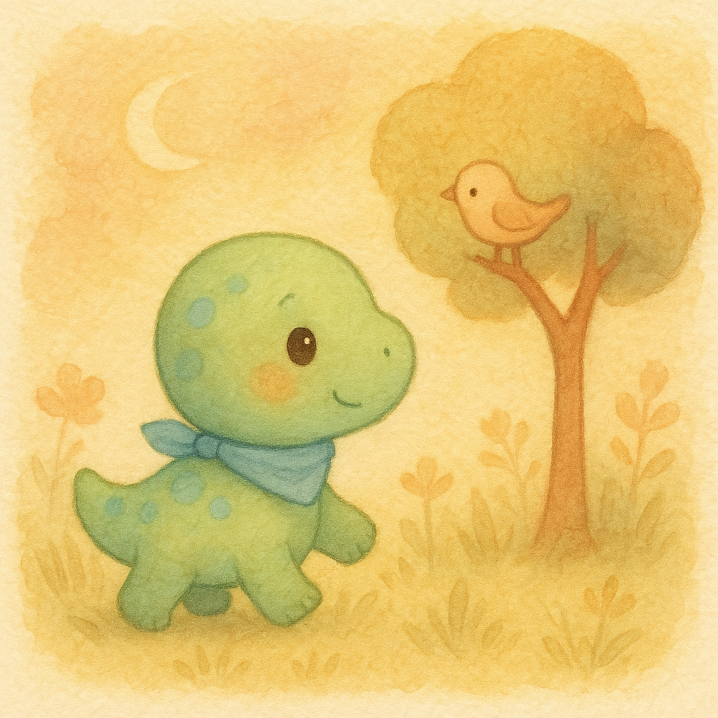 Milo walking through low grass toward a small tree, a tiny bird on a branch saying hello, soft flower silhouettes, watercolor pastels.
